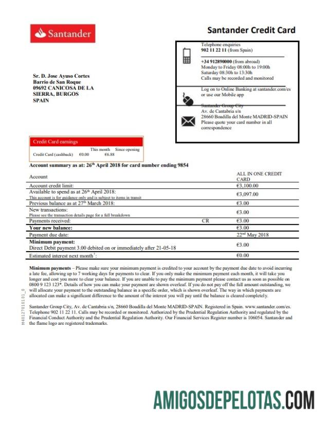 Exemplo de comprovante de endereço de cartão de crédito Espanha Santander em formato Word e PDF